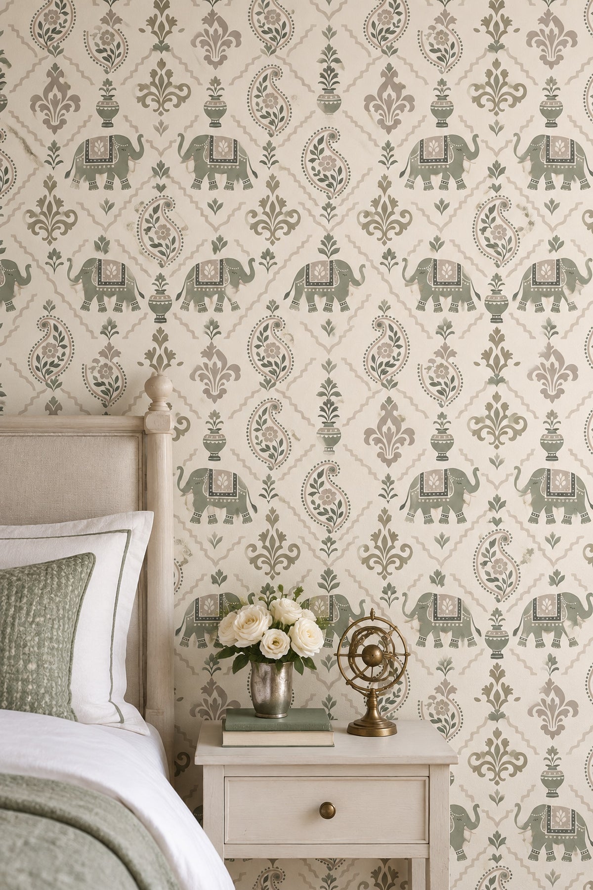 Elephants Wallpaper Paisley Floral Pattern Sage Green Ivory Background