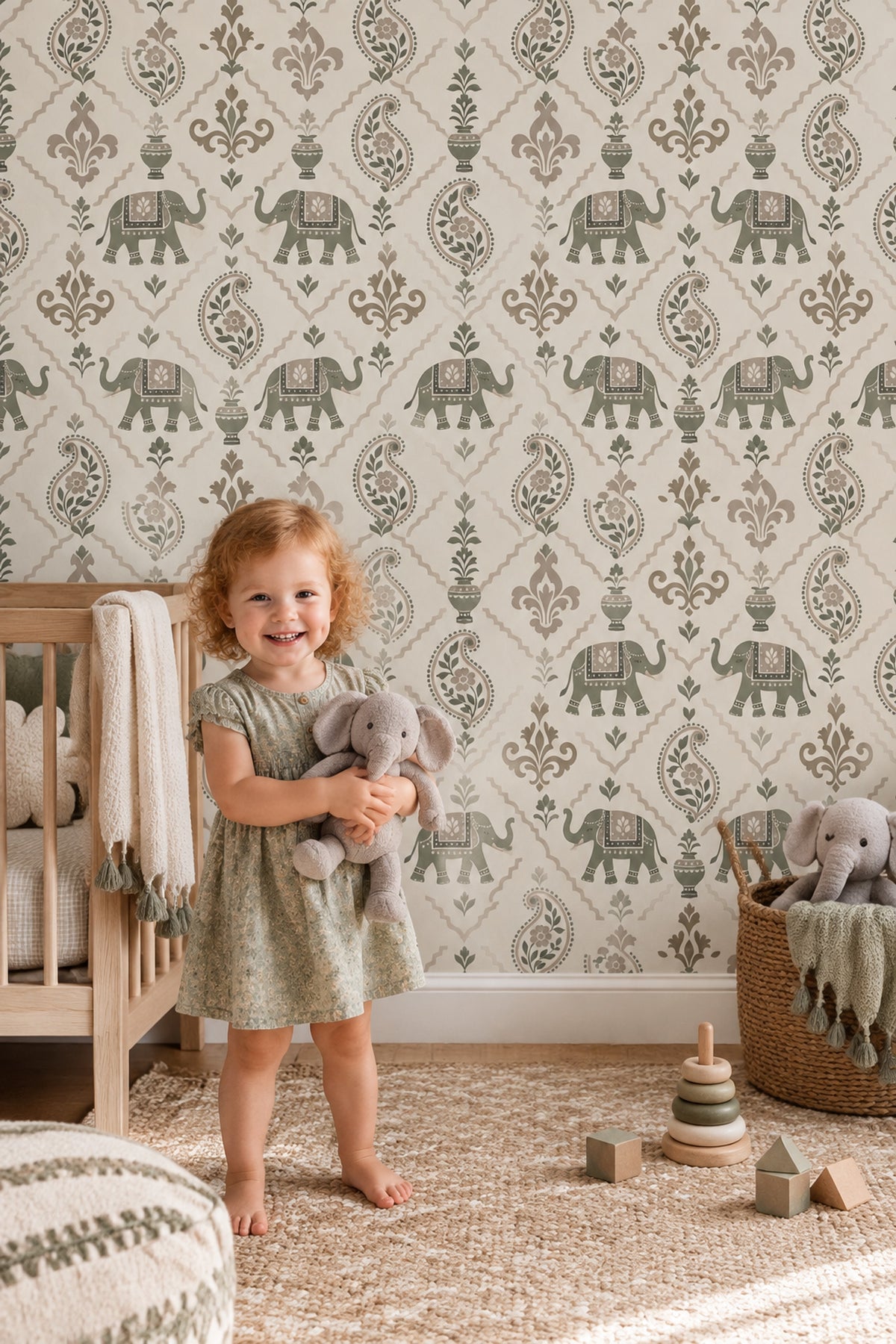 Elephants Wallpaper Paisley Floral Pattern Sage Green Ivory Background