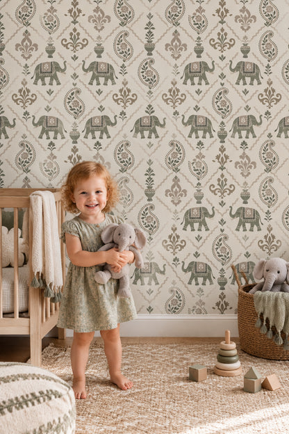 Elephants Wallpaper Paisley Floral Pattern Sage Green Ivory Background