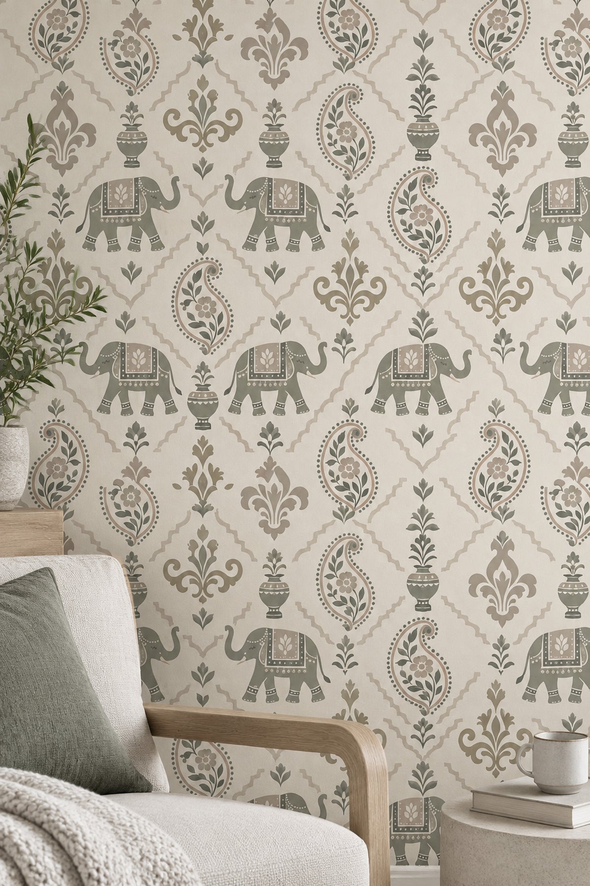 Elephants Wallpaper Paisley Floral Pattern Sage Green Ivory Background