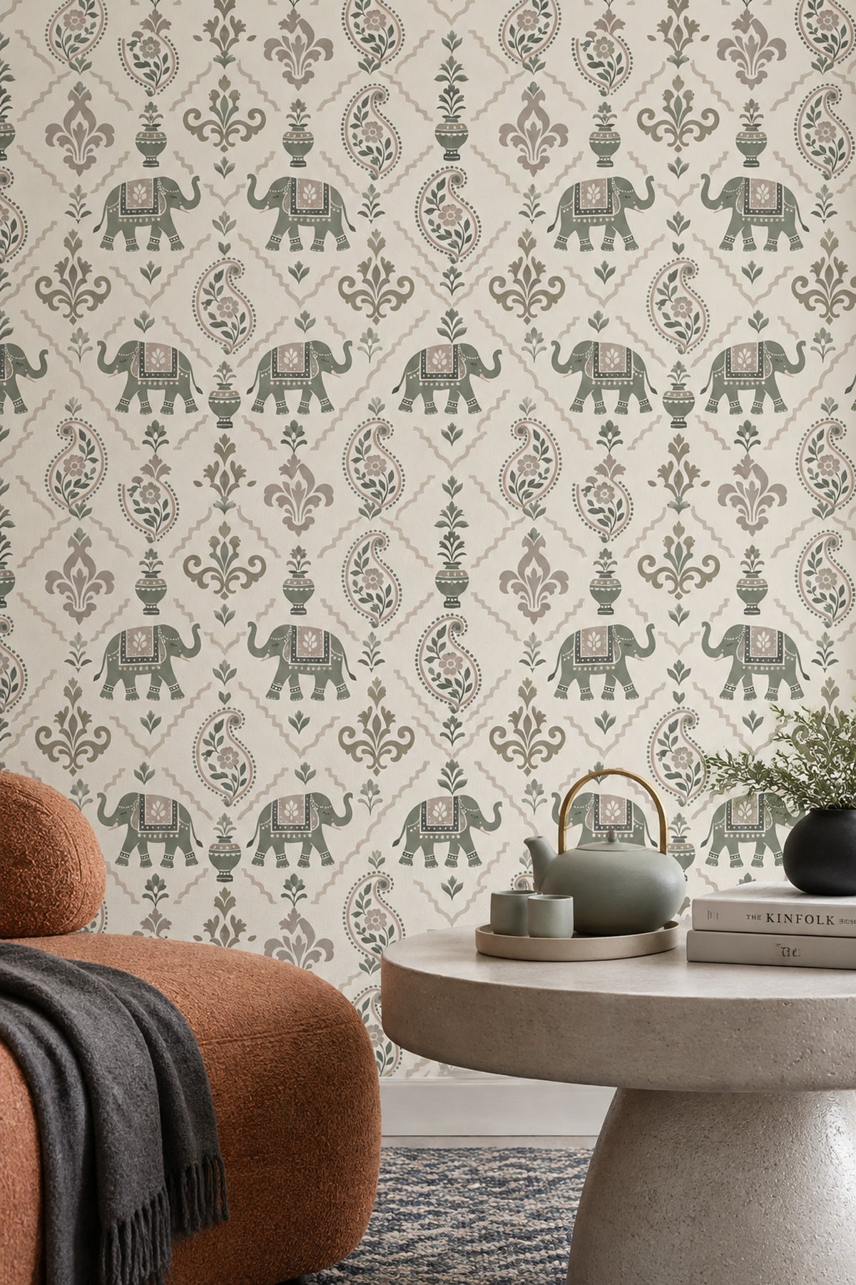Elephants Wallpaper Paisley Floral Pattern Sage Green Ivory Background