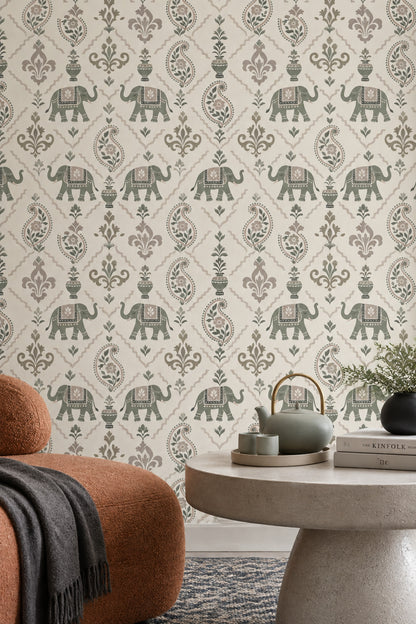 Elephants Wallpaper Paisley Floral Pattern Sage Green Ivory Background
