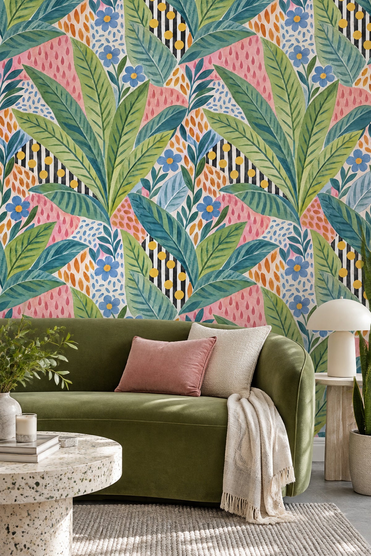 Tropical Botanical Wallpaper Watercolor Leaves Blue Flowers