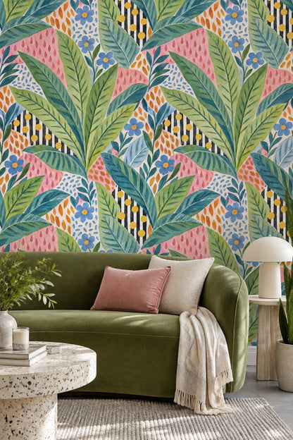 Tropical Botanical Wallpaper Watercolor Leaves Blue Flowers