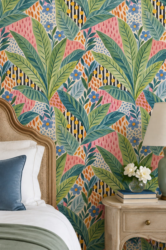 Tropical Botanical Wallpaper Watercolor Leaves Blue Flowers