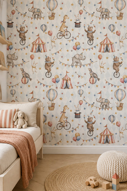 Circus Animals Wallpaper Vintage Argyle Pastel