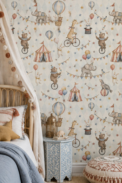 Circus Animals Wallpaper Vintage Argyle Pastel
