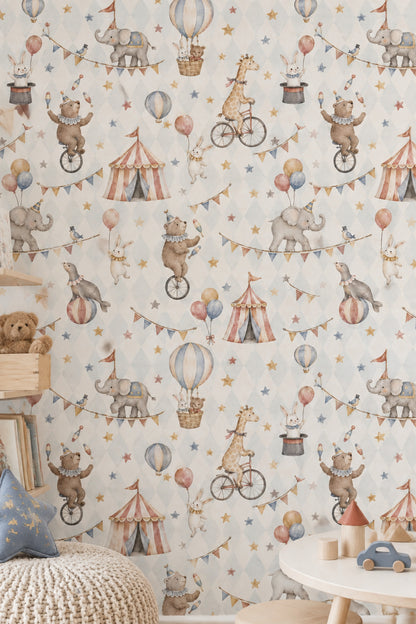 Circus Animals Wallpaper Vintage Argyle Pastel