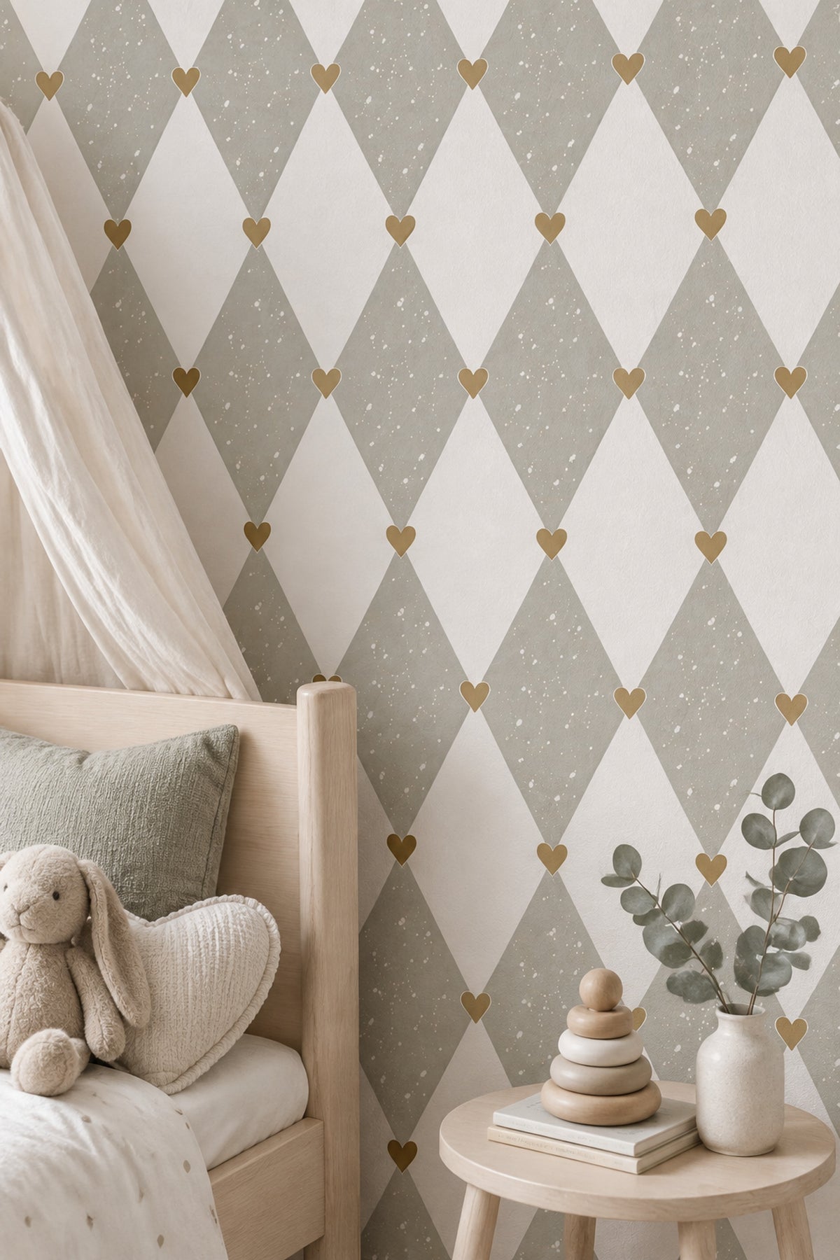 Heart Argyle Wallpaper Speckled Ivory Sage Gray And Gold