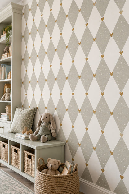 Heart Argyle Wallpaper Speckled Ivory Sage Gray And Gold