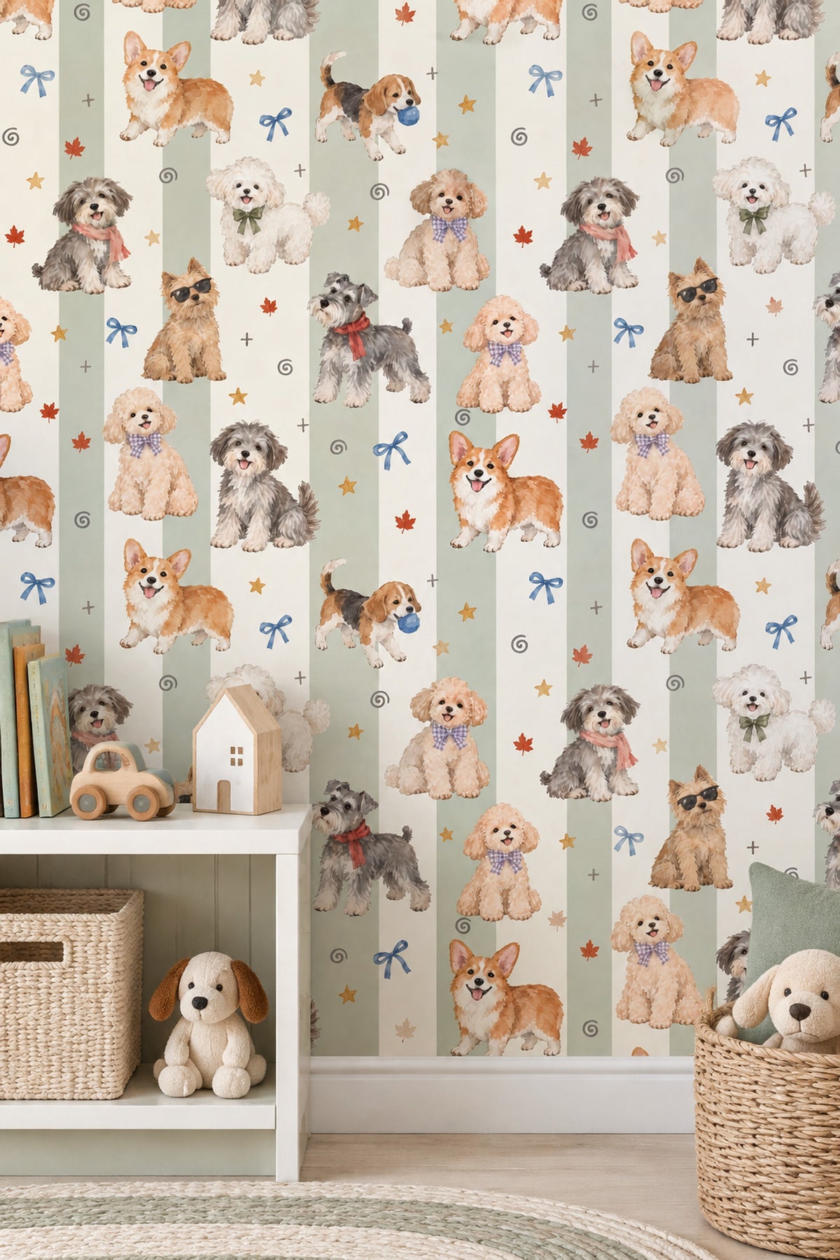 Watercolor Dogs Wallpaper Pastel Striped Sage Green Pattern