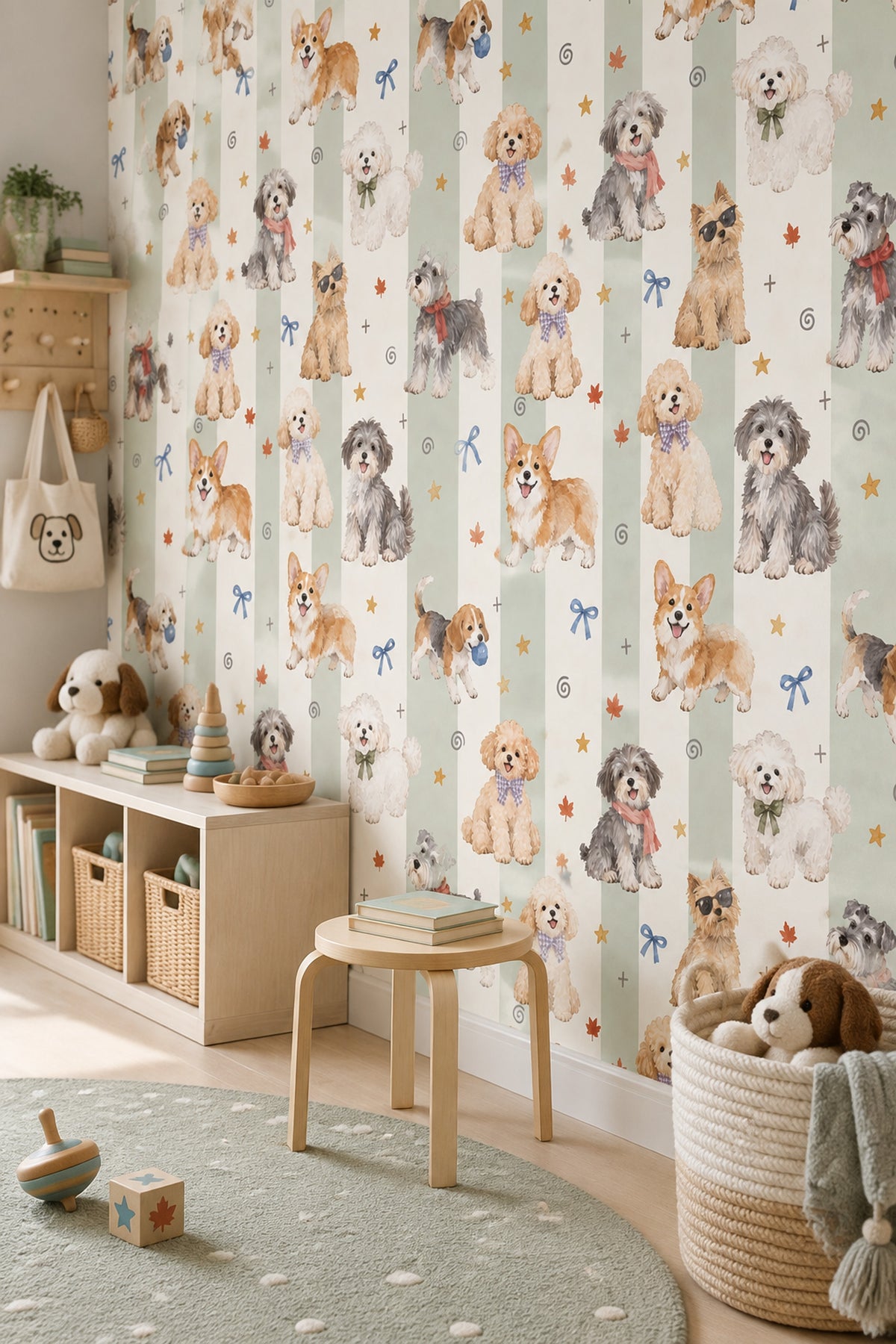 Watercolor Dogs Wallpaper Pastel Striped Sage Green Pattern