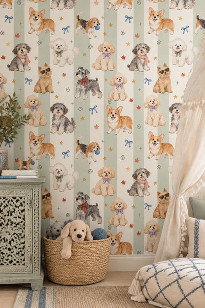 Watercolor Dogs Wallpaper Pastel Striped Sage Green Pattern