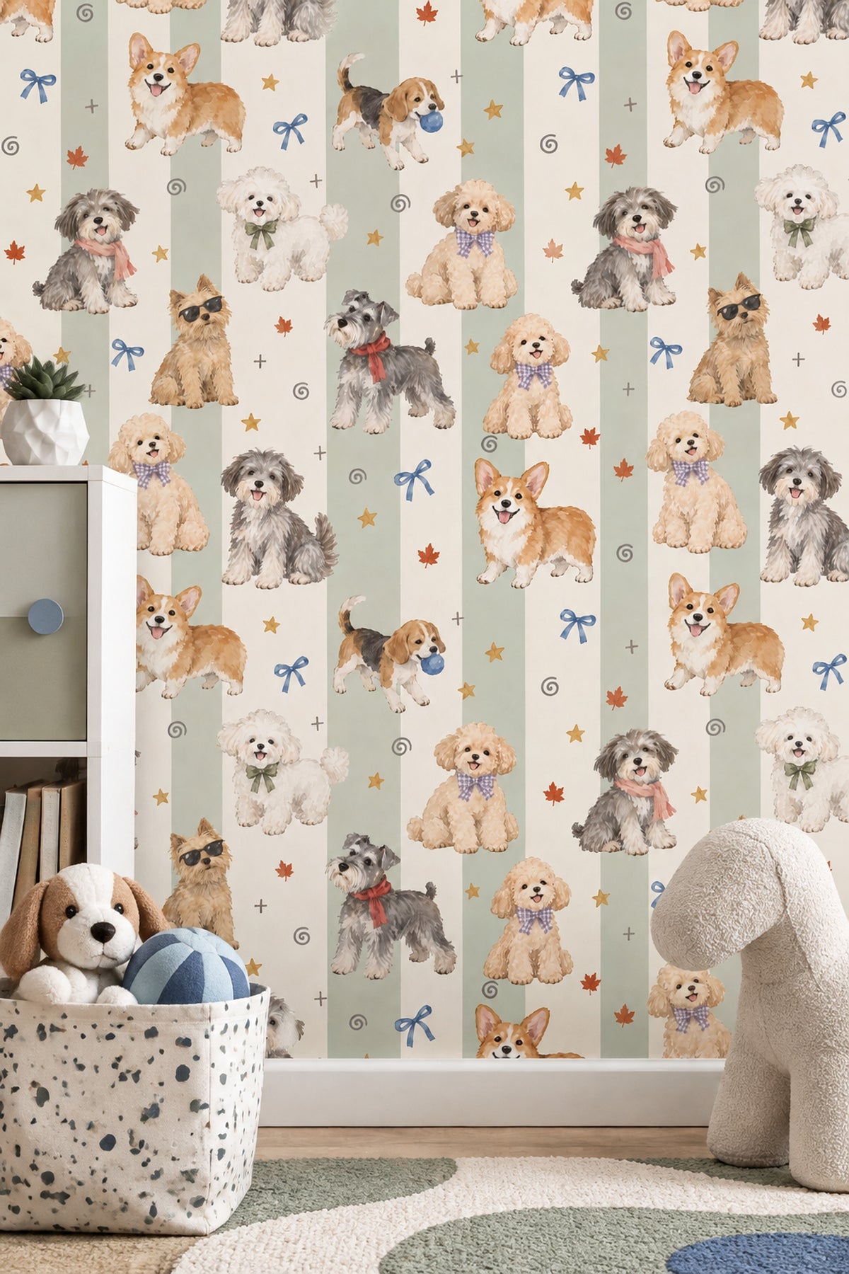 Watercolor Dogs Wallpaper Pastel Striped Sage Green Pattern