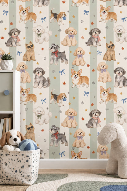 Watercolor Dogs Wallpaper Pastel Striped Sage Green Pattern