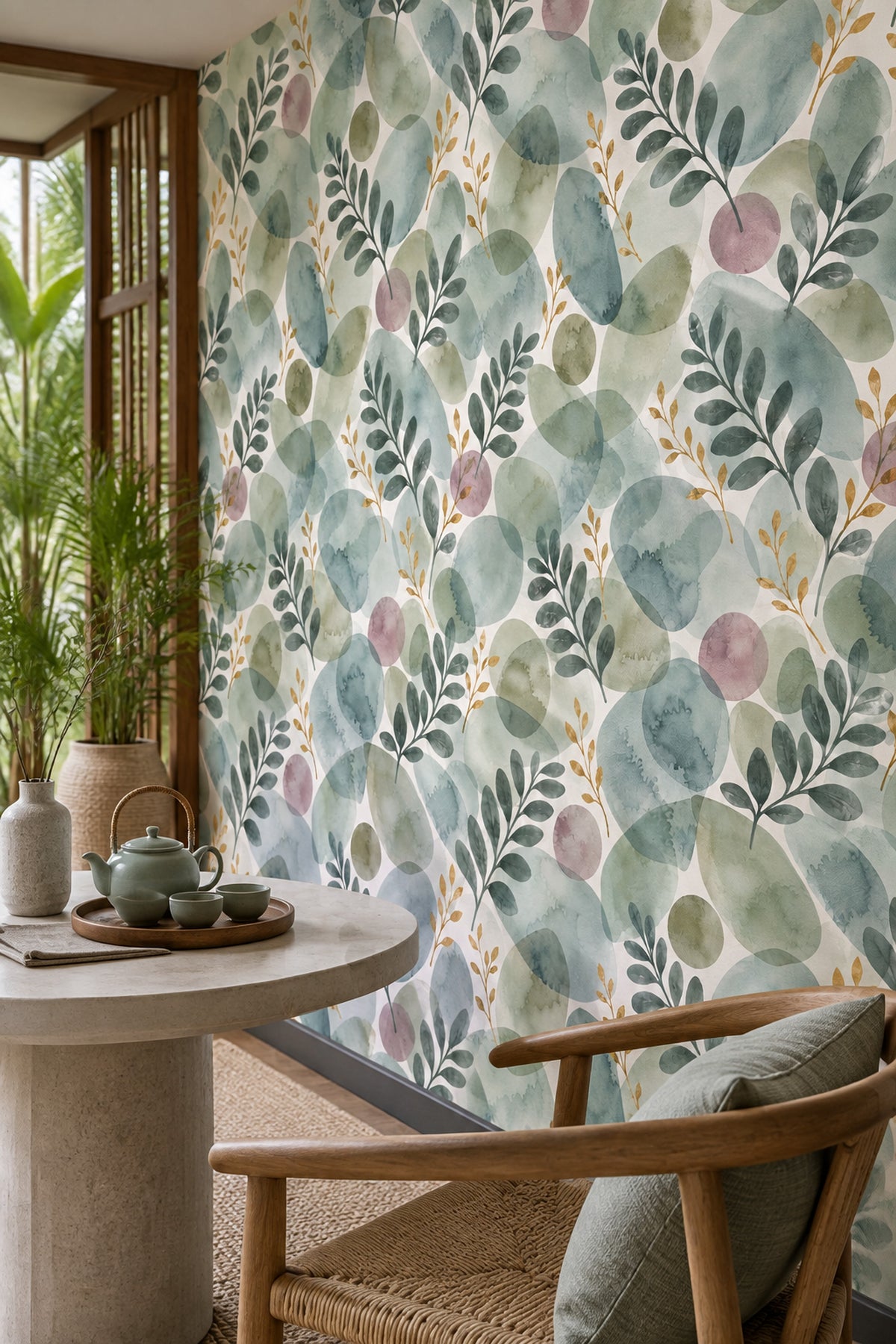 Watercolor Botanical Wallpaper Sage Green Leaves And Gold Branches