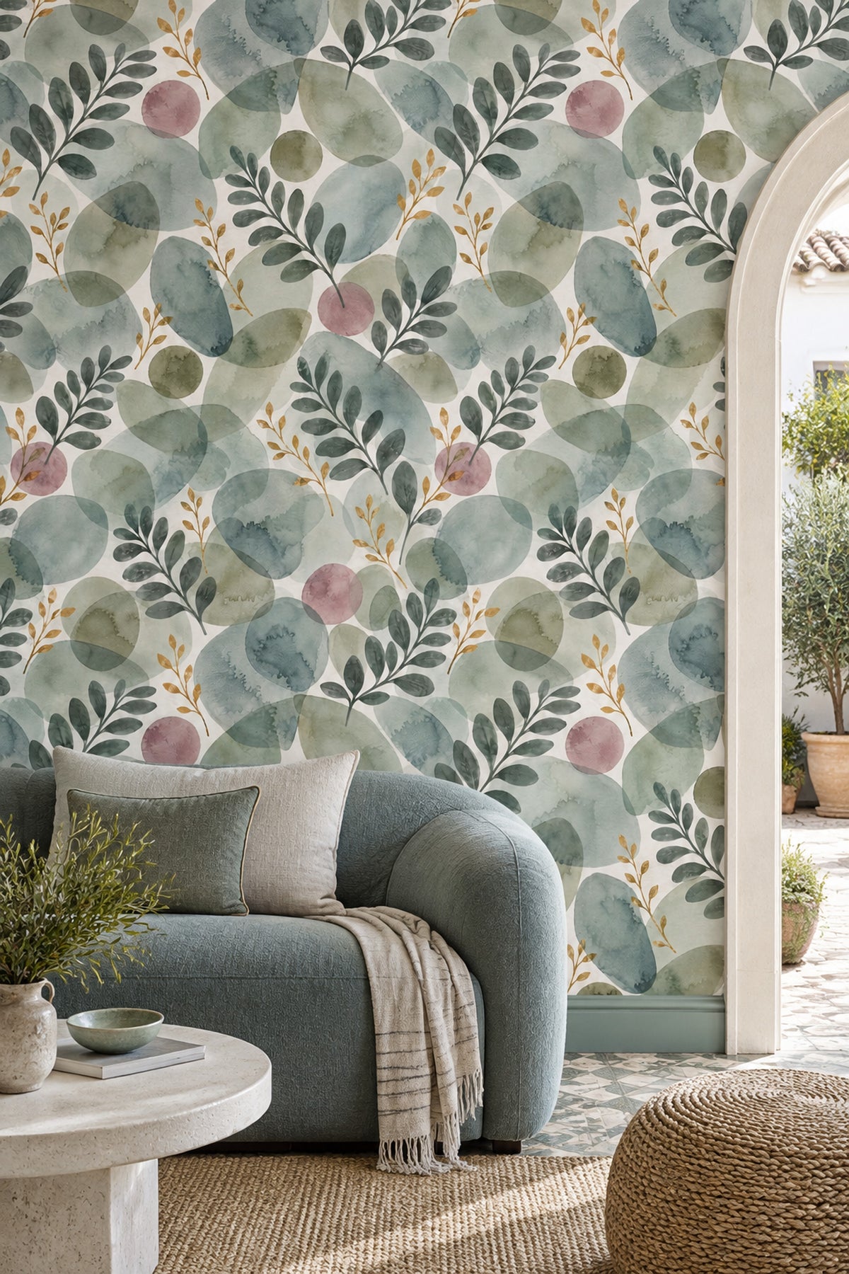 Watercolor Botanical Wallpaper Sage Green Leaves And Gold Branches