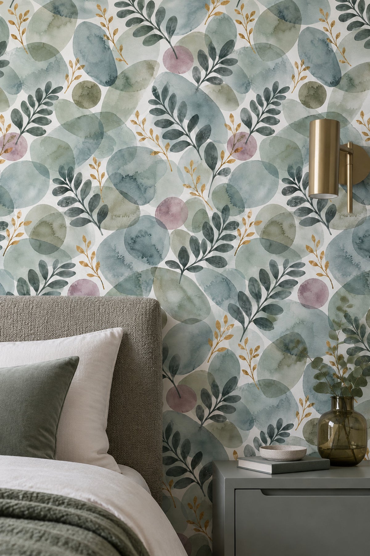 Watercolor Botanical Wallpaper Sage Green Leaves And Gold Branches