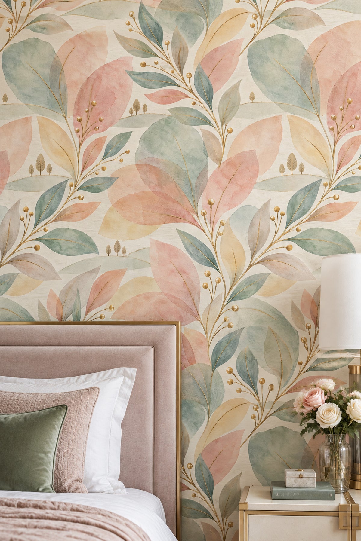 Watercolor Leaves Wallpaper Pastel Pink Sage Botanical