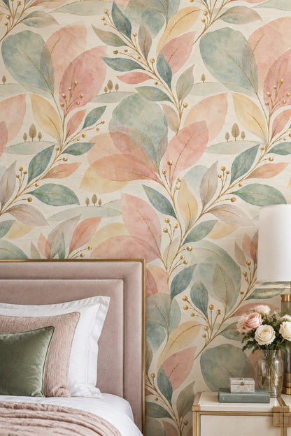 Watercolor Leaves Wallpaper Pastel Pink Sage Botanical