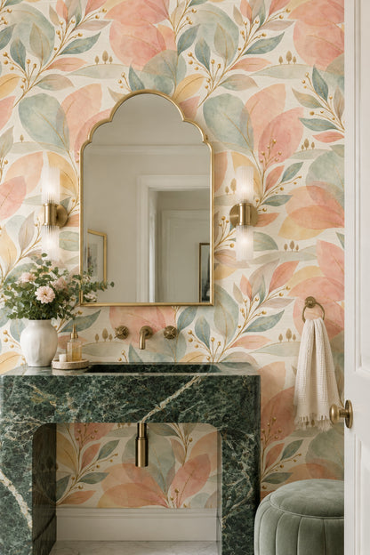 Watercolor Leaves Wallpaper Pastel Pink Sage Botanical