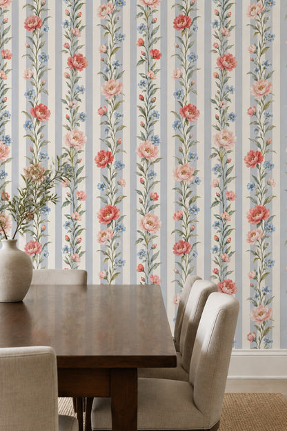 Pink Blossom Wallpaper Watercolor Floral Stripes