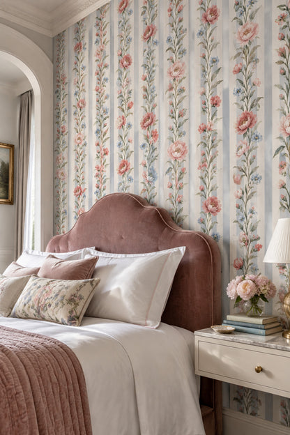 Pink Blossom Wallpaper Watercolor Floral Stripes