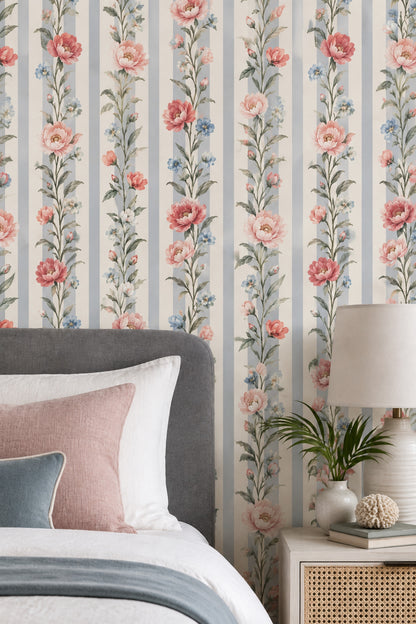 Pink Blossom Wallpaper Watercolor Floral Stripes