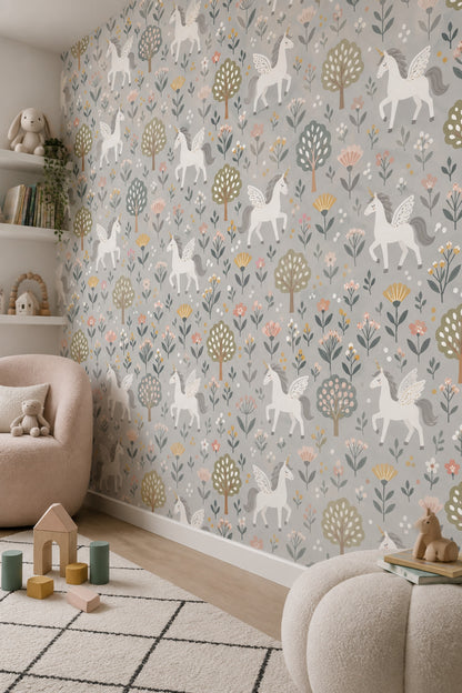 Unicorn Pegasus Wallpaper Light Gray Floral Botanical Pattern