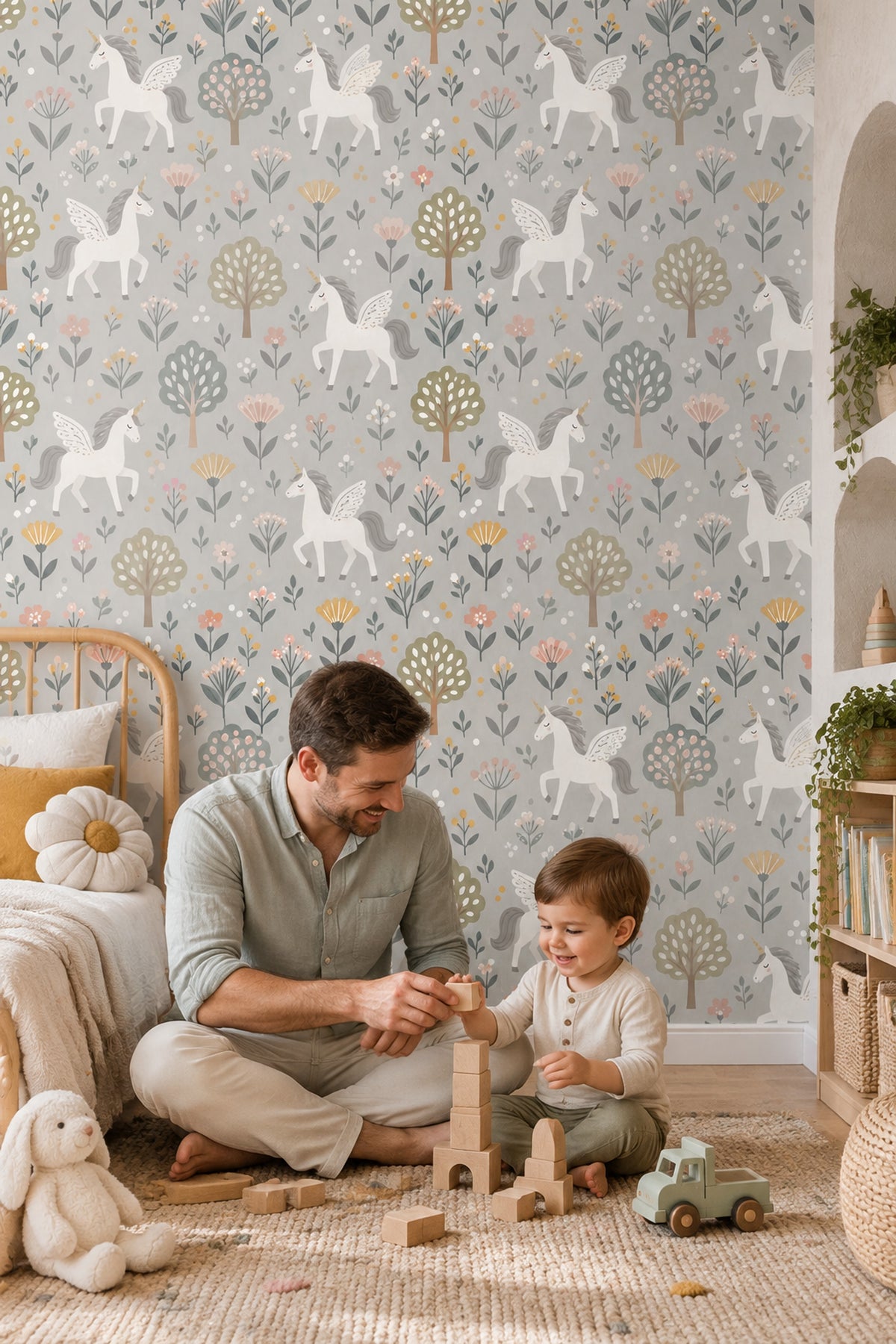 Unicorn Pegasus Wallpaper Light Gray Floral Botanical Pattern