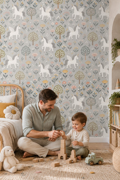 Unicorn Pegasus Wallpaper Light Gray Floral Botanical Pattern
