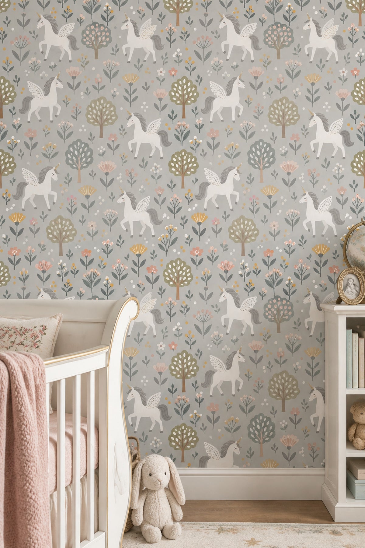 Unicorn Pegasus Wallpaper Light Gray Floral Botanical Pattern