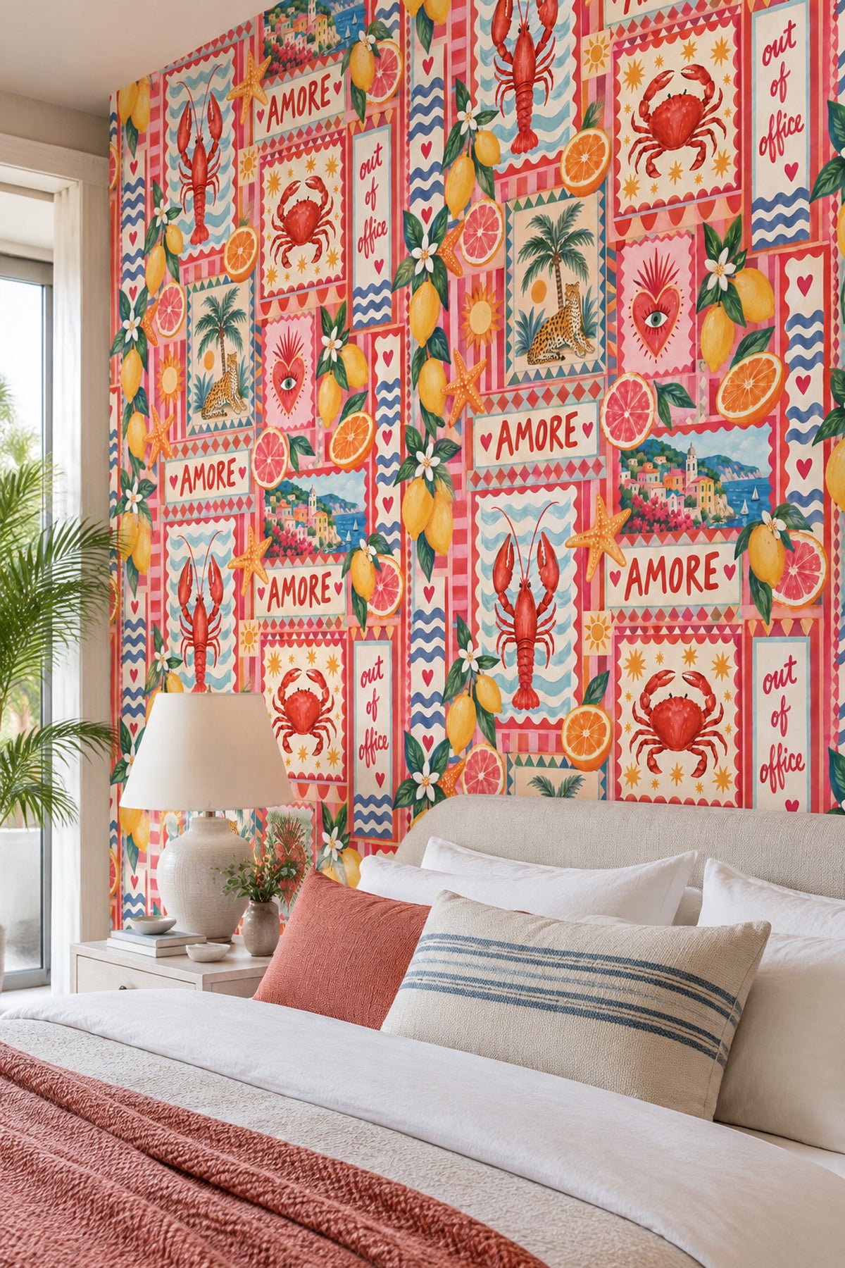 Mediterranean Lemons And Seafood Wallpaper Bright Patchwork Collage