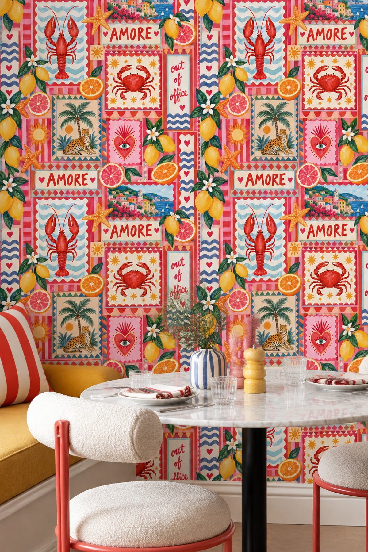 Mediterranean Lemons And Seafood Wallpaper Bright Patchwork Collage