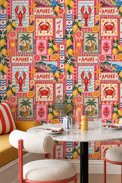 Mediterranean Lemons And Seafood Wallpaper Bright Patchwork Collage