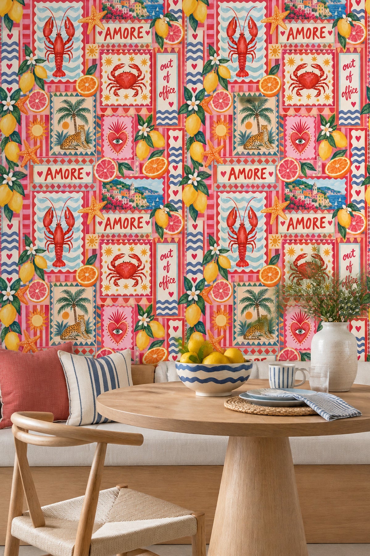 Mediterranean Lemons And Seafood Wallpaper Bright Patchwork Collage