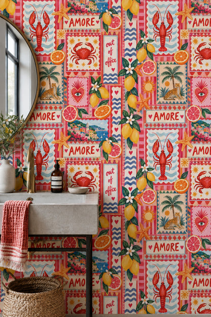 Mediterranean Lemons And Seafood Wallpaper Bright Patchwork Collage