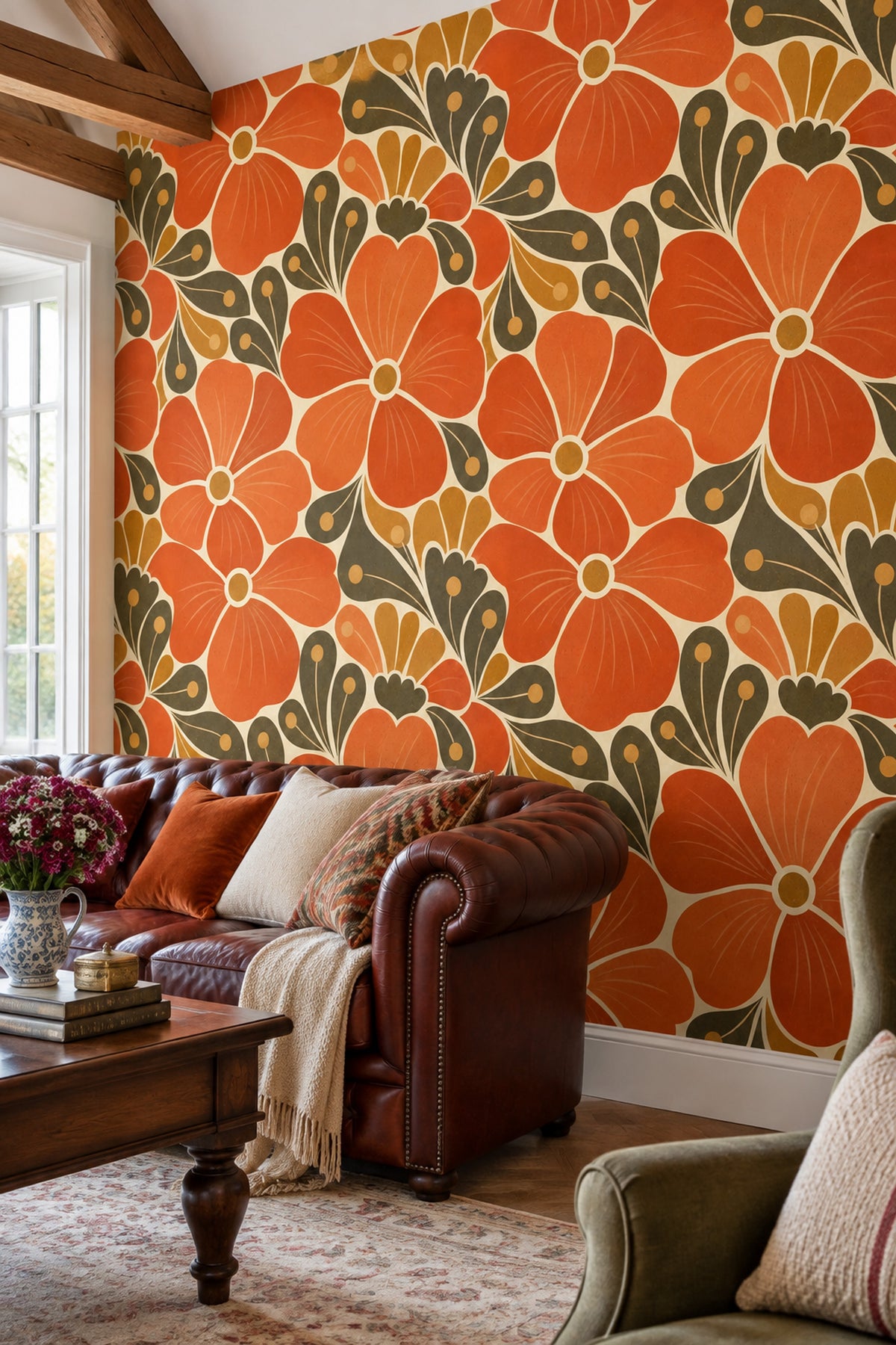 Large Floral Wallpaper Mid Century Modern Retro Warm Palette
