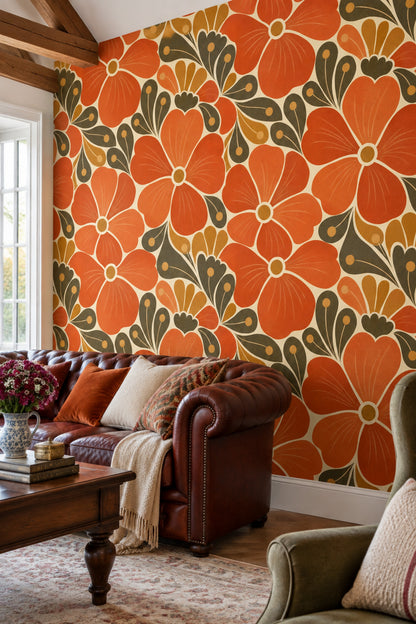 Large Floral Wallpaper Mid Century Modern Retro Warm Palette