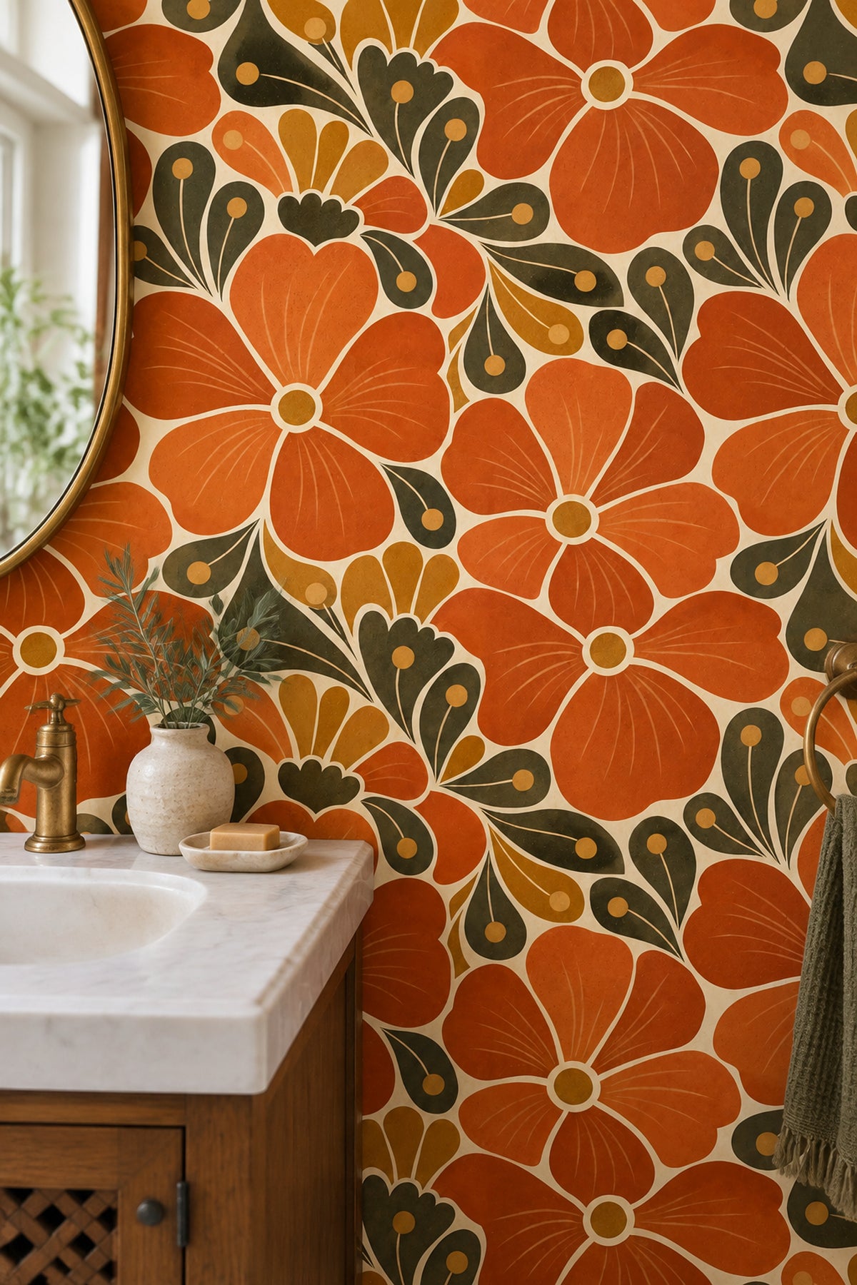 Large Floral Wallpaper Mid Century Modern Retro Warm Palette