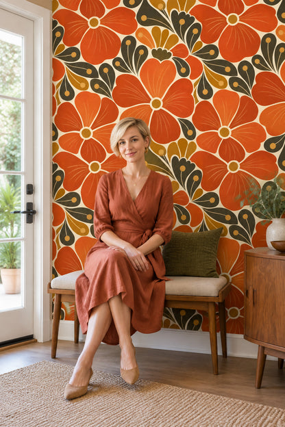 Large Floral Wallpaper Mid Century Modern Retro Warm Palette