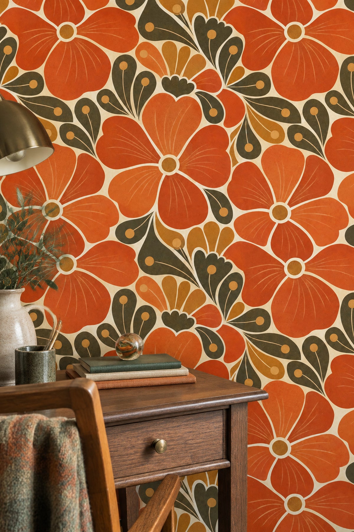 Large Floral Wallpaper Mid Century Modern Retro Warm Palette