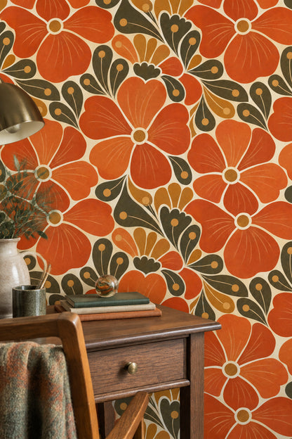 Large Floral Wallpaper Mid Century Modern Retro Warm Palette