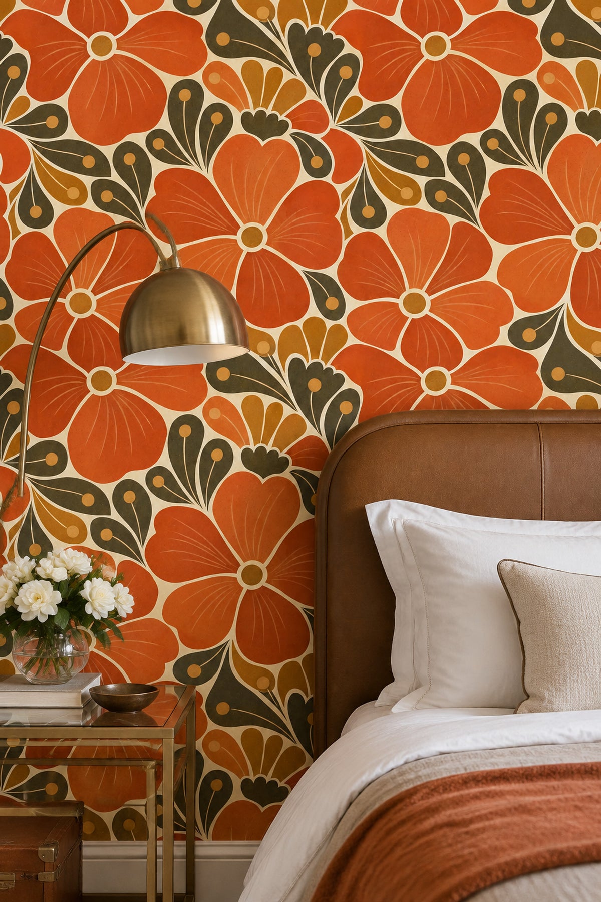Large Floral Wallpaper Mid Century Modern Retro Warm Palette