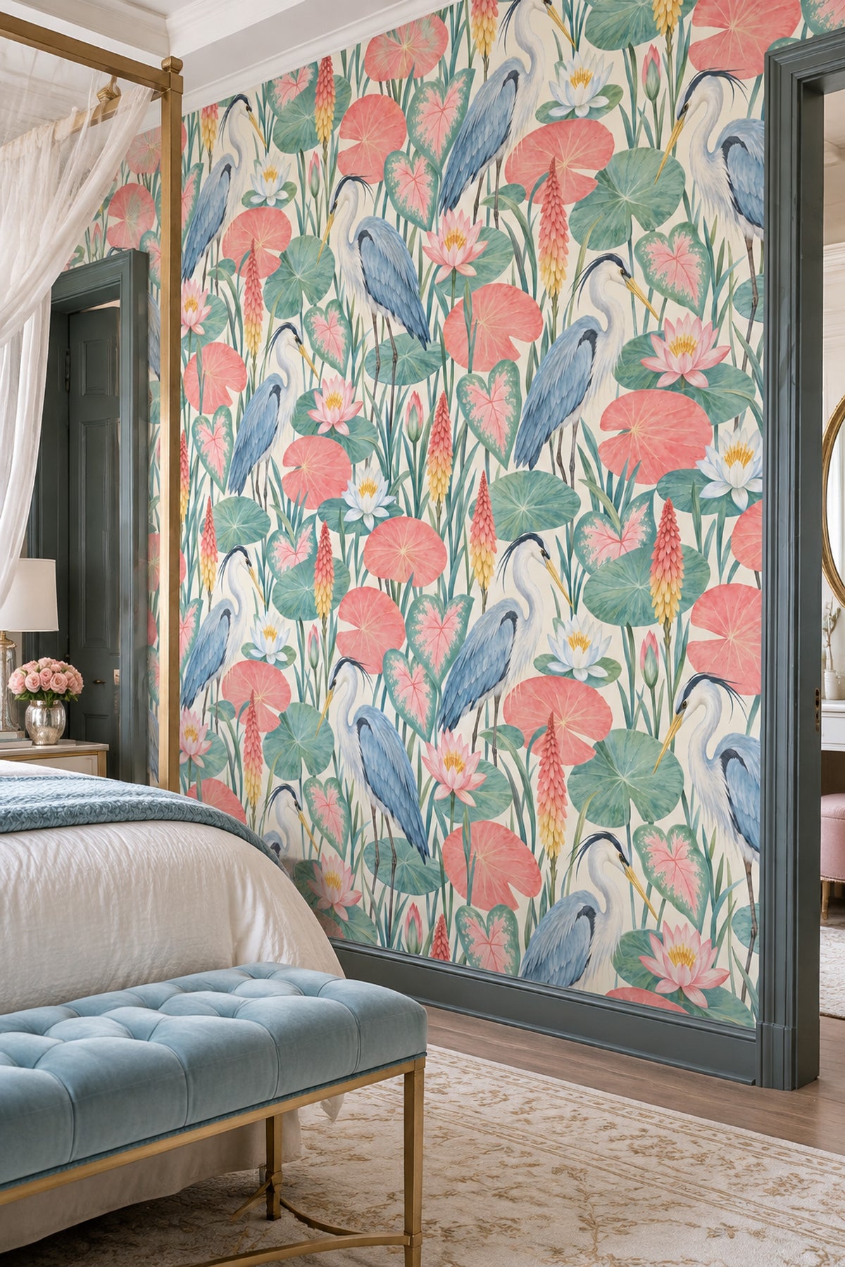 Herons Wallpaper Watercolor Lily Pads In Blue Green