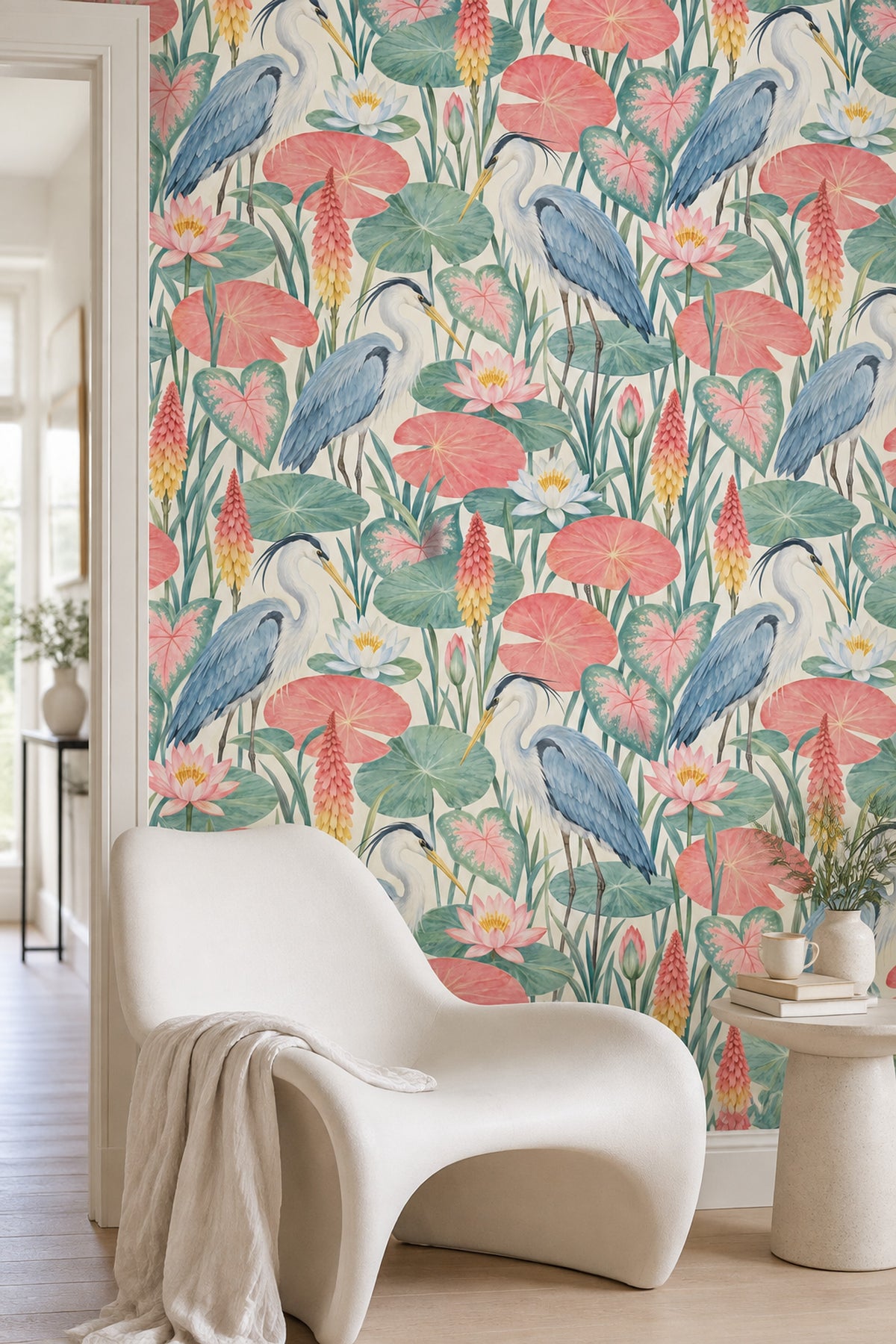 Herons Wallpaper Watercolor Lily Pads In Blue Green