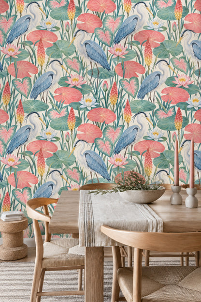 Herons Wallpaper Watercolor Lily Pads In Blue Green