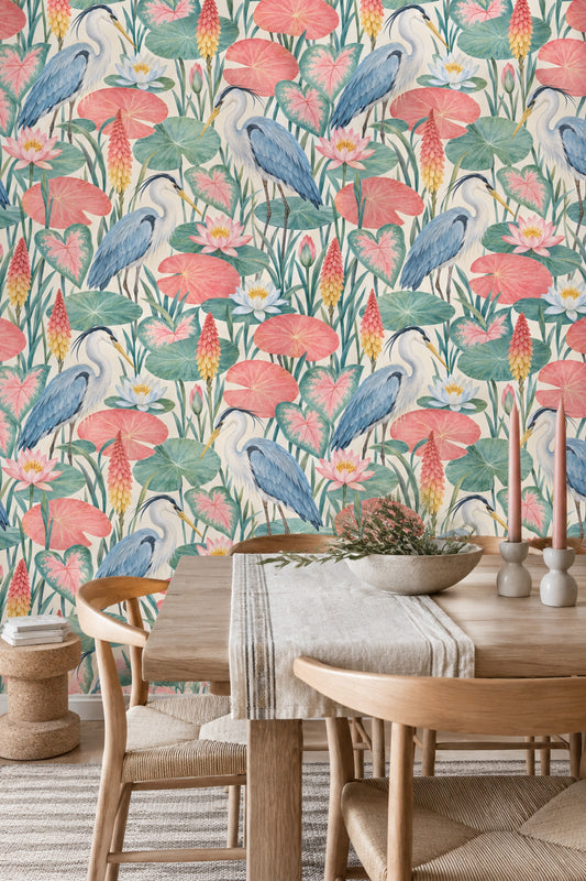 Herons Wallpaper Watercolor Lily Pads In Blue Green