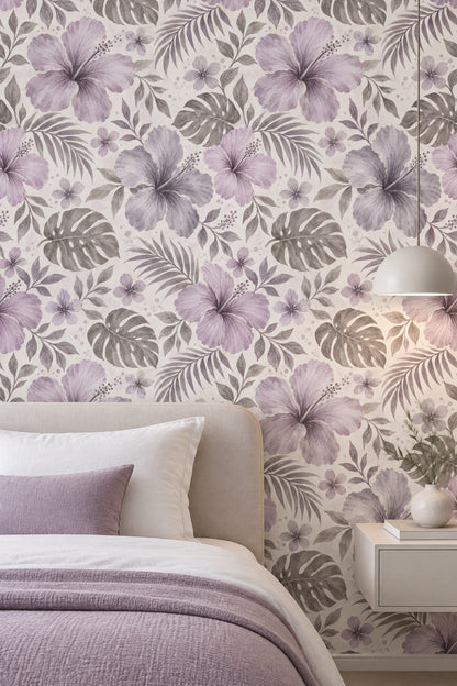Hibiscus Wallpaper Lavender Tropical Watercolor Botanical Pattern