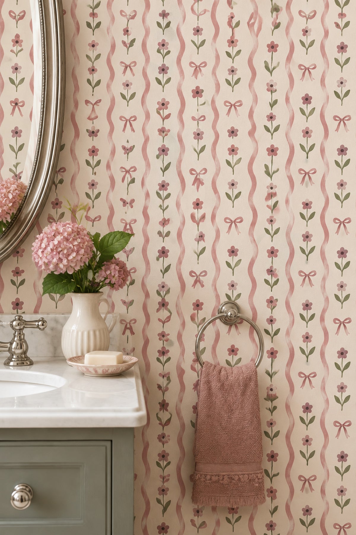 Pink Bow Floral Wallpaper Wavy Striped Cream Background
